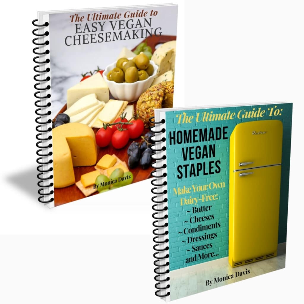 The cover images for 2 vegan cookbooks with recipes for vegan staples like cheese, butter, and condiments.