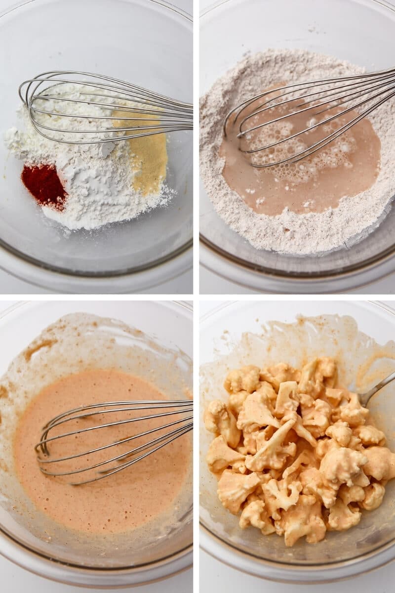 A collage of 4 pictures showing the process steps for making the buffalo cauliflower breading by mixing flour and spices with water and coating pieces of cauliflower in it.