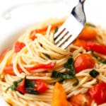 Vegan tomato basil pasta made with olive oil and fresh tomatoes.