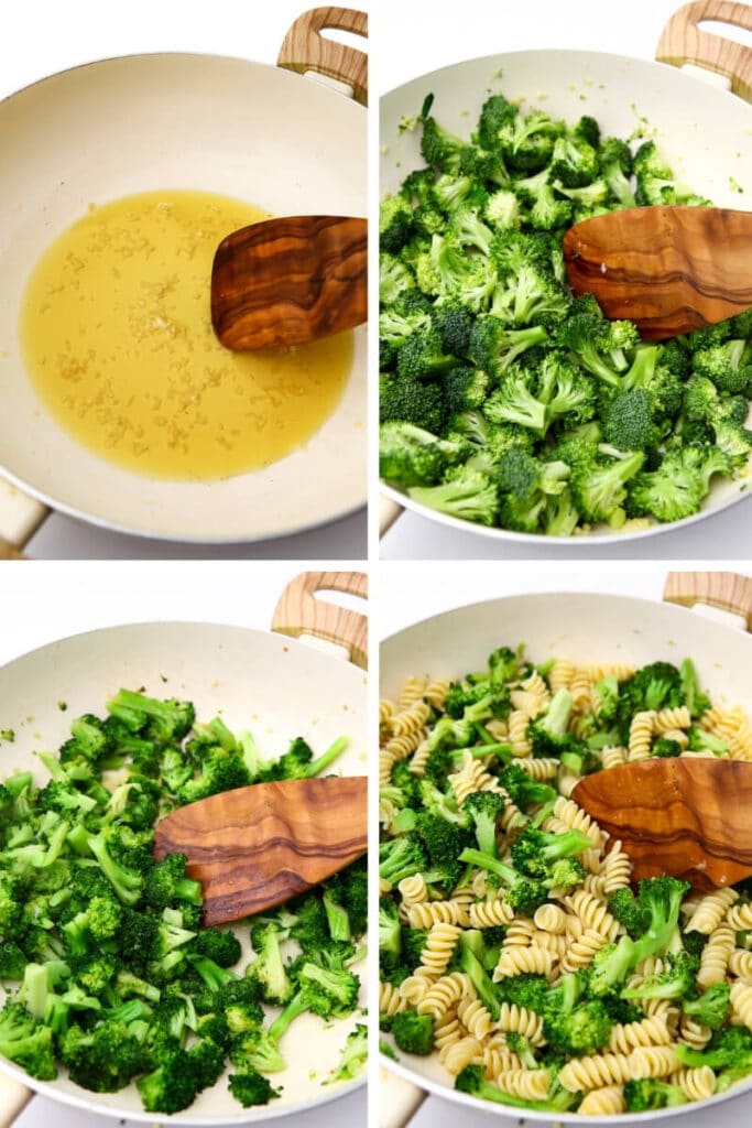 A collage of 4 pictures showing the process steps for making vegan broccoli pasta.