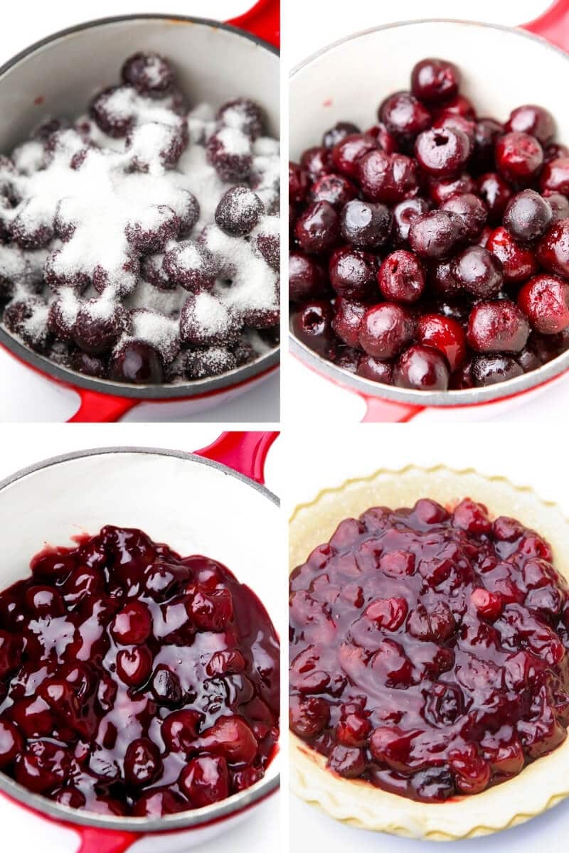 A collage of 4 pictures showing the process steps for making a cherry pie filling.