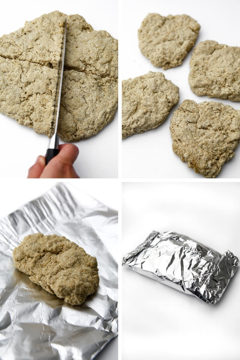 A collage of 4 pictures showing how to flatten and cut the seitan into 4 vegan chicken breasts and wrap it in foil to steam.