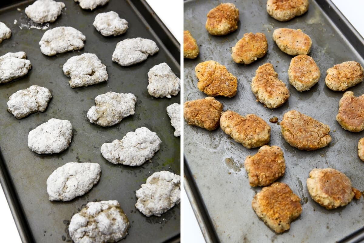 A collage of 2 pictures showing the seitan nuggets before and after baking.