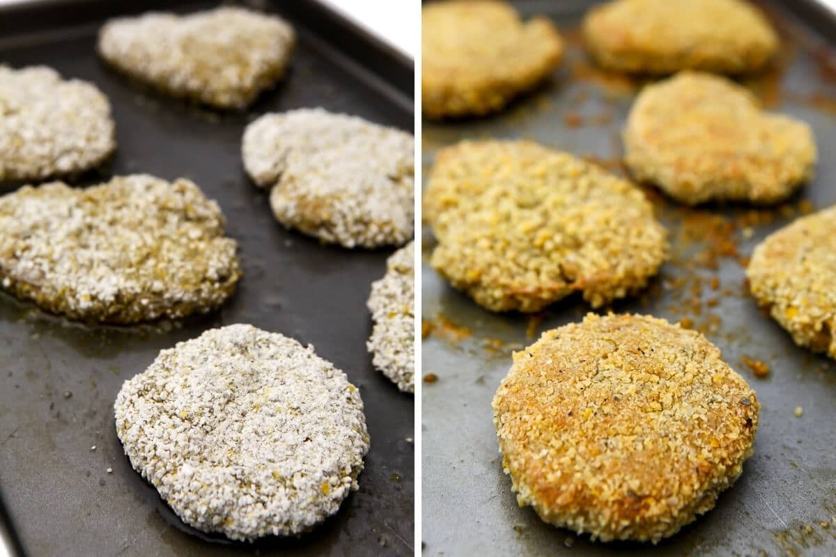 Breaded vegan chicken on a cookie sheet before and after baking.