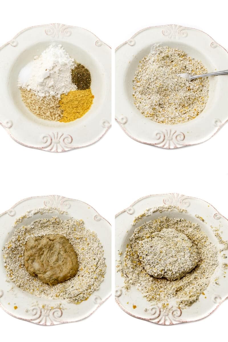 A collage of 4 pictures showing the process of mixing ingredients for the breading, and coating the vegan chicken with breading. 