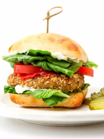 A vegan chicken sandwich made from a seitan chicken patty.