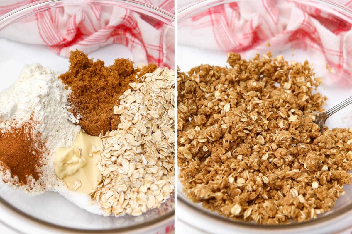 A collage of 2 pictures showing the ingredients for a vegan crumble topping before and after it has been mixed.