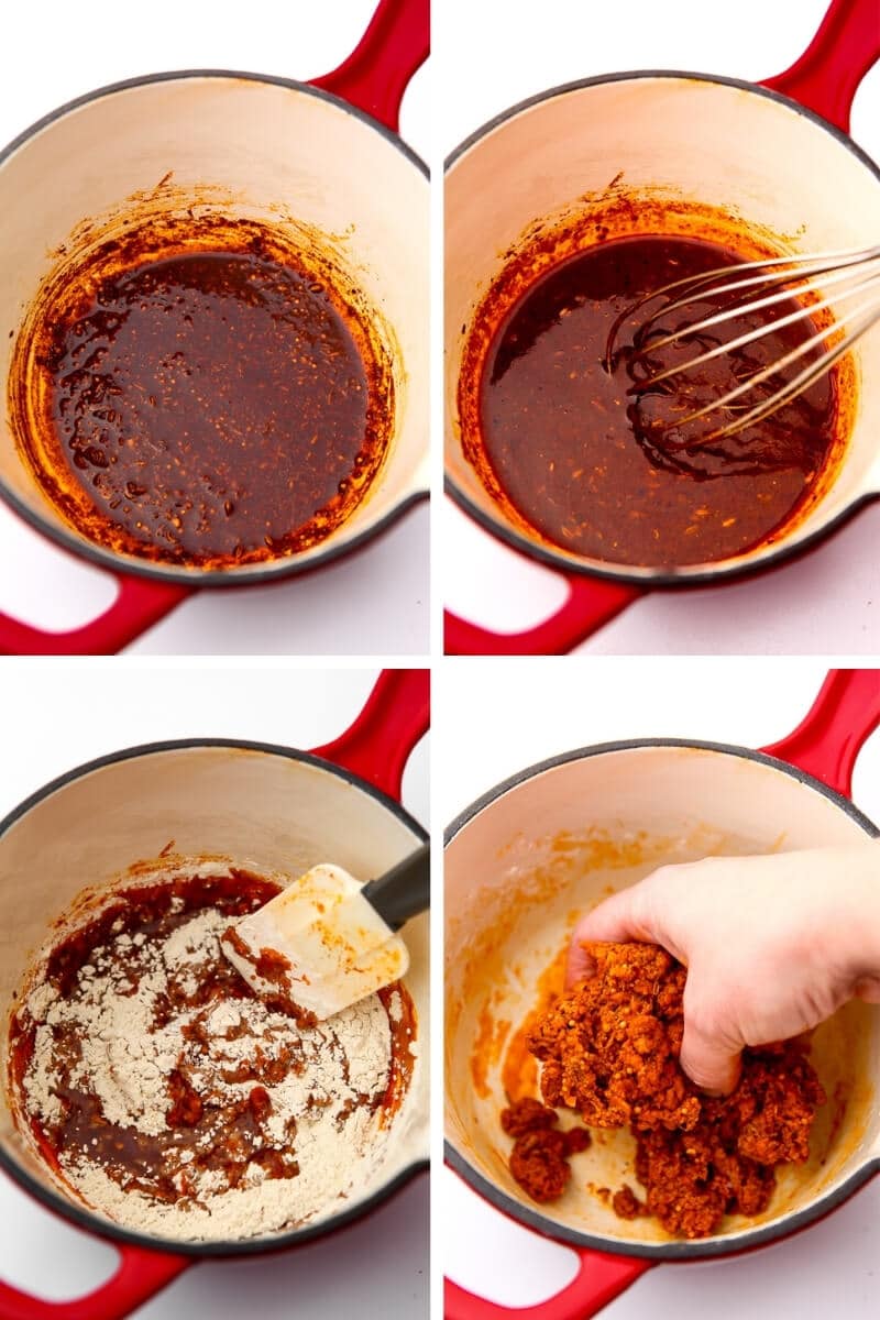 A collage of 4 pictures that show the process of warming spices in oil, adding water and wheat gluten, and kneading it into pepperoni.