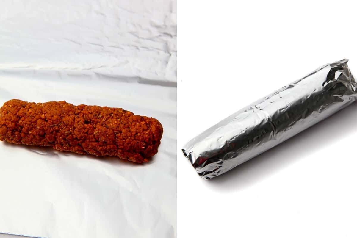 A pepperoni log made of wheat gluten before and after wrapping it up.
