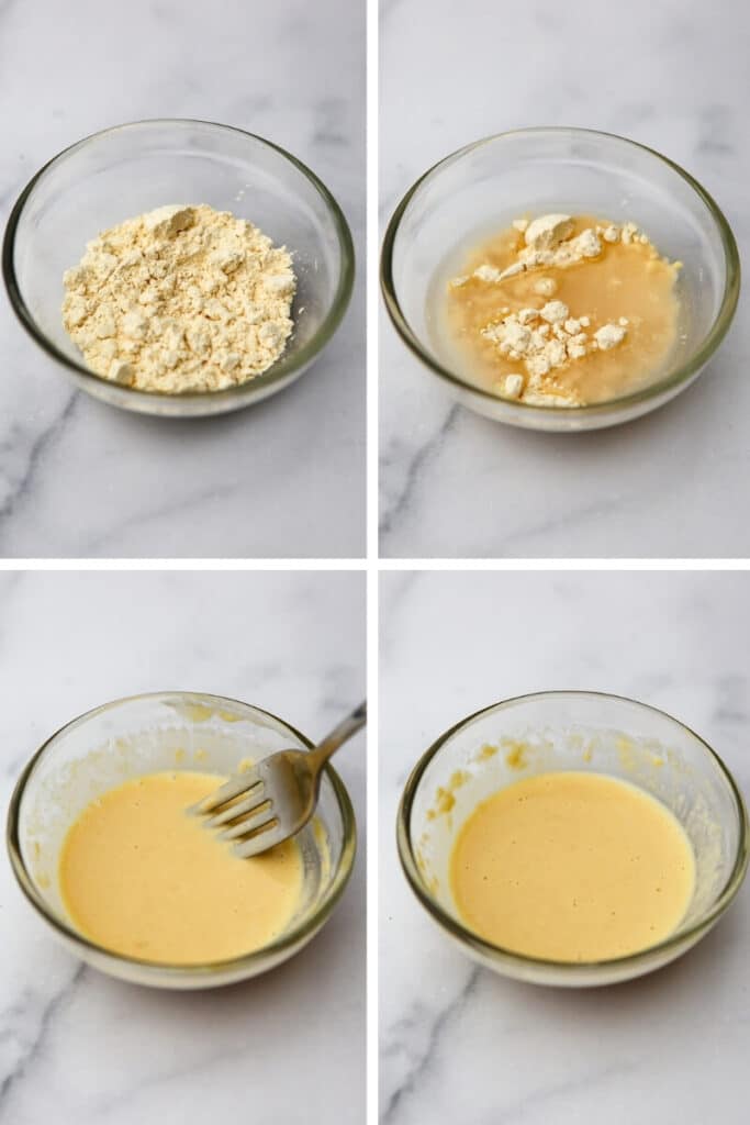 A collage of 4 pictures showing the process of adding water the to chickpea flour to rehydrate it to make a vegan egg replacement.