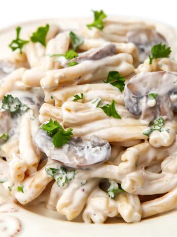 A close up of a plate full of creamy vegan mushroom pasta with parsley sprinkled on top.