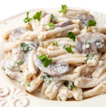 A close up of a plate full of creamy vegan mushroom pasta with parsley sprinkled on top.