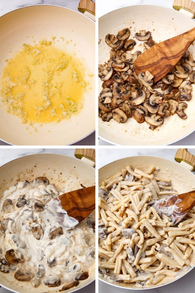 A collage of 4 images showing the process steps for making creamy mushroom pasta.