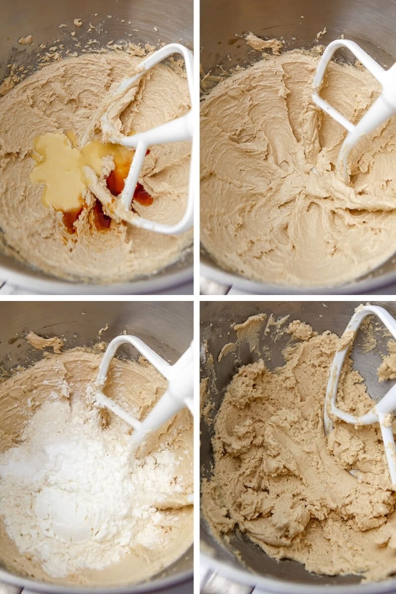 A collage of 4 pictures showing the process step of creaming the butter and sugar, adding flour and the thick dough before it's baked.