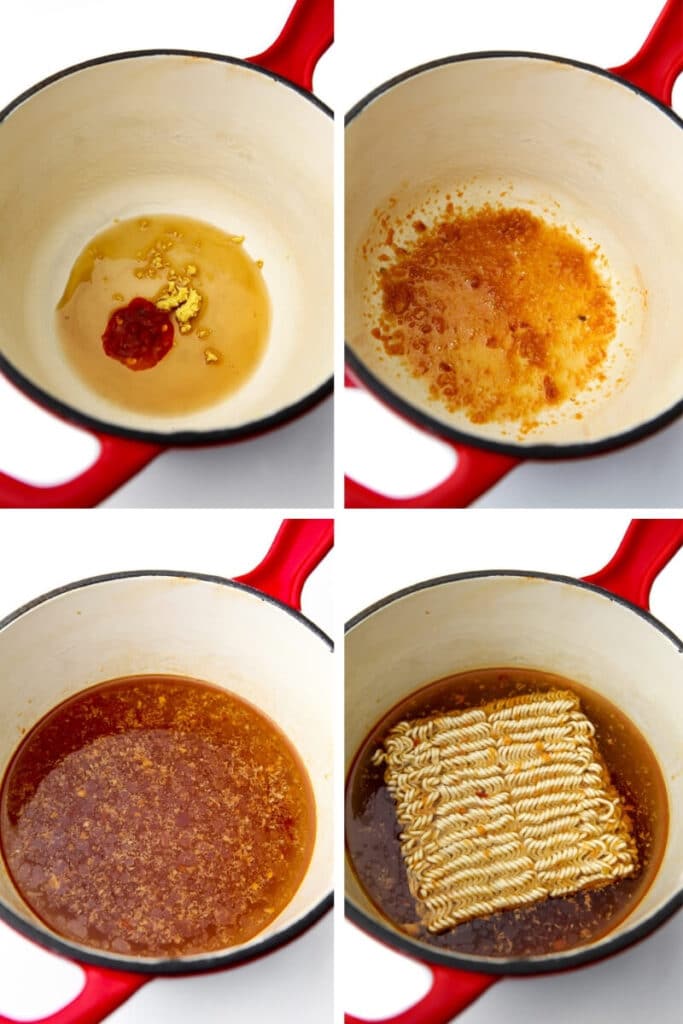 A collage of 4 pictures showing the steps of sautéing garlic and ginger root in sesame oil and adding soy sauce, water and noodles to make homemade vegan ramen. 