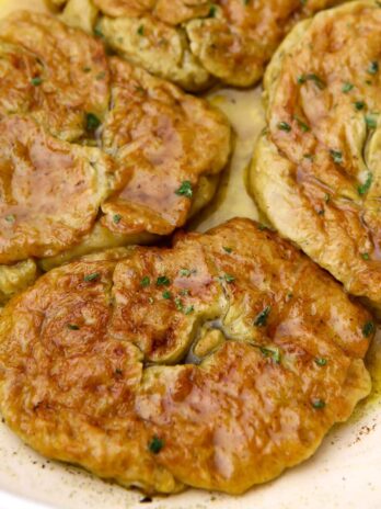 A top view of 4 pieces of vegan chicken made with the washed flour method of making seitan..