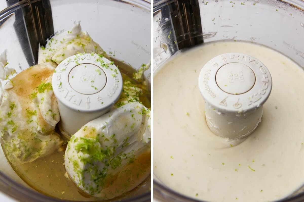 A collage of 2 pictures showing the dairy-free key lime cheesecake filling before and after blending in a food processor.