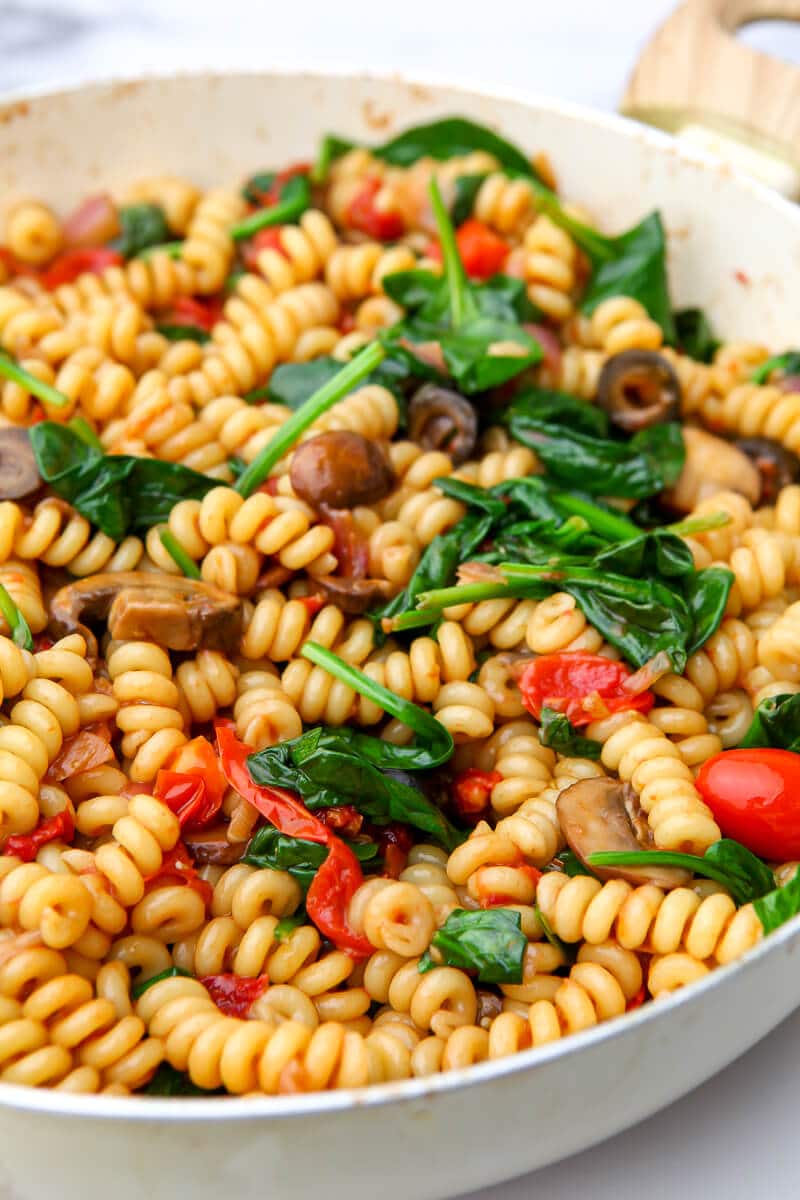 The vegan pasta salad after all of the ingredients have been added.