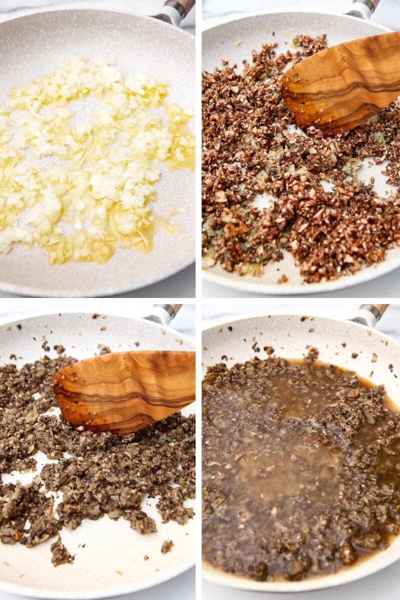 A collage of 4 images showing the process of frying a chopped onion, adding chopped mushrooms, and then water and seasonings.