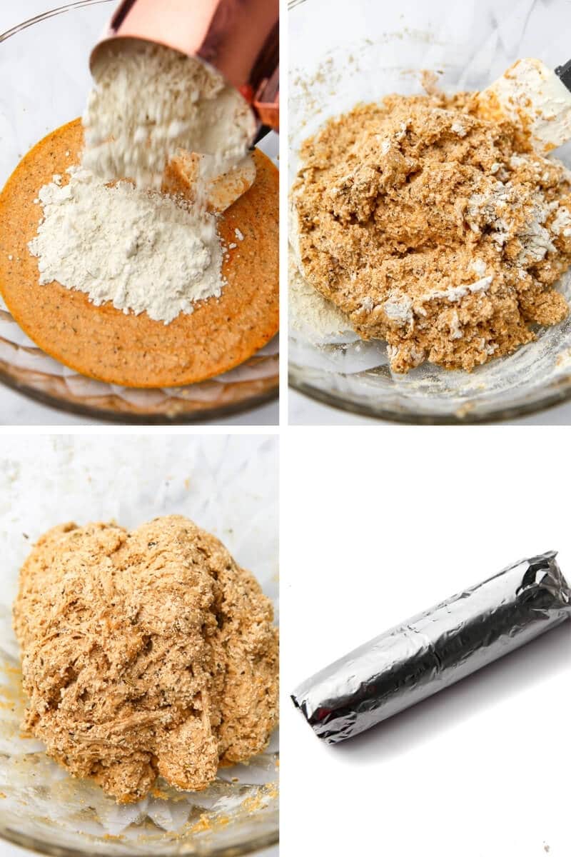 A collage of 4 images showing the steps of adding gluten flour to the tofu and broth and kneading into a dough before shaping it into a sausage shape and wrapping it in foil.
