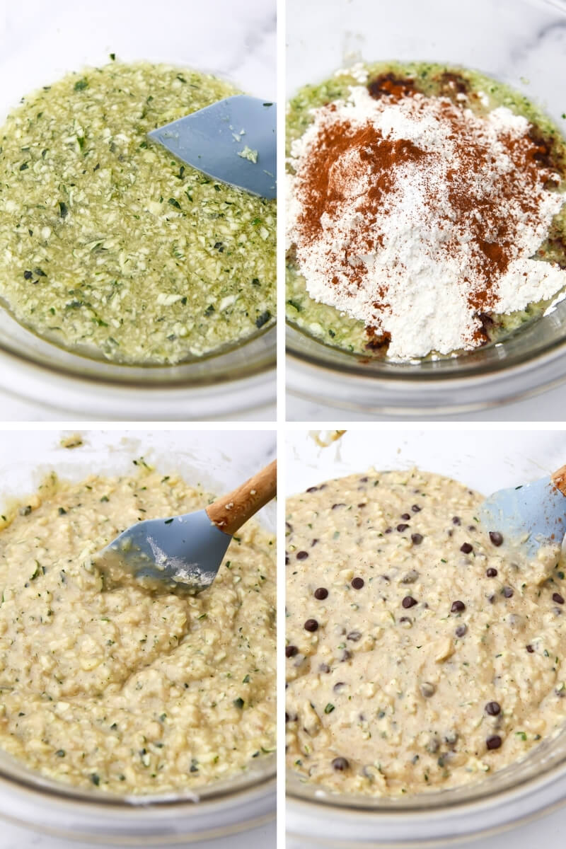 A collage of 4 images showing the process of adding the wet ingredients, zucchini, and dry ingredients to a bowl to make zucchini muffins.