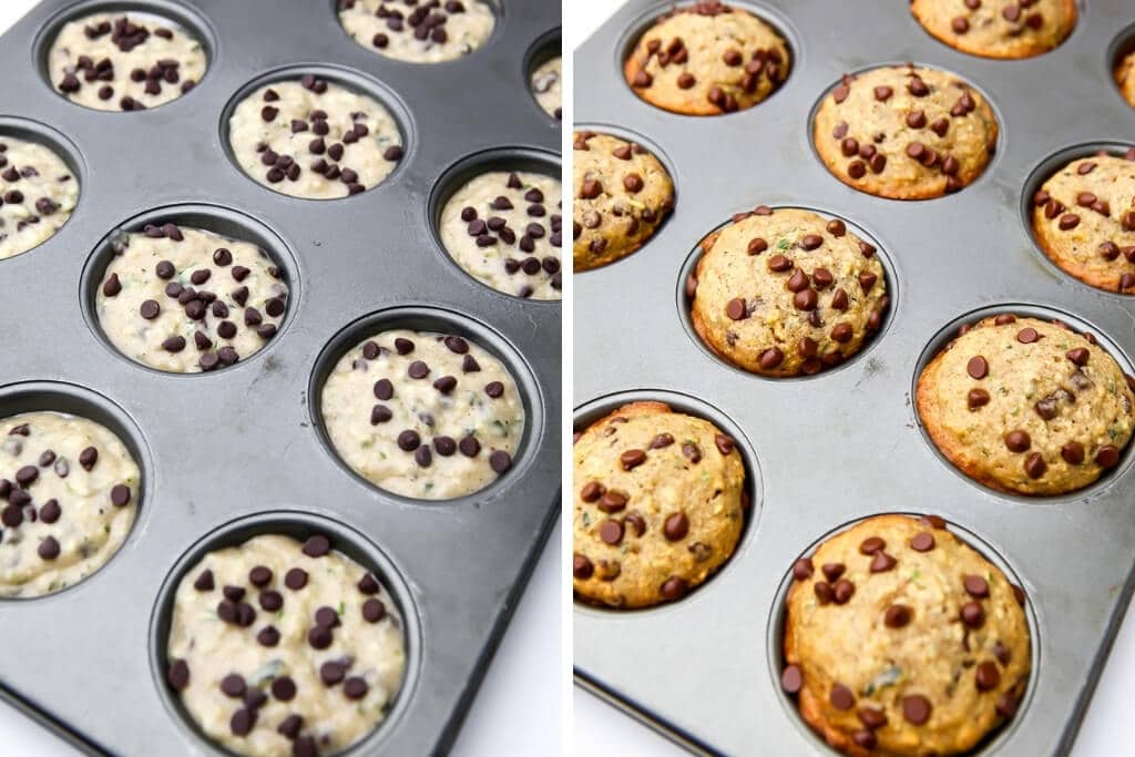 A collage of 2 pictures showing vegan zucchini muffins before and after being baked.