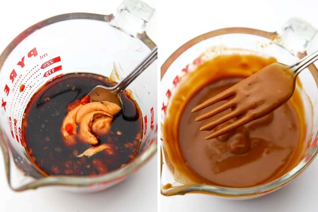 Spicy peanut sauce before and after it has been stirred.