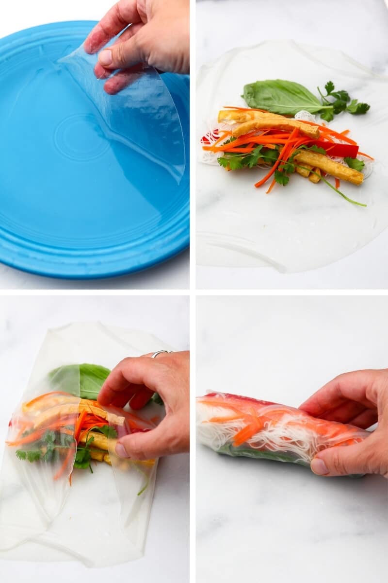 A collage of 4 images showing the process of wetting rice paper, adding veggies, rice noodles, and tofu, then rolling it up into a spring roll.