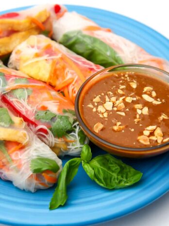 A blue plate filled with 5 tofu spring rolls with a side of peanut dipping sauce.