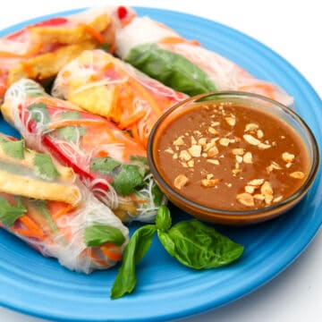 A blue plate filled with 5 tofu spring rolls with a side of peanut dipping sauce.