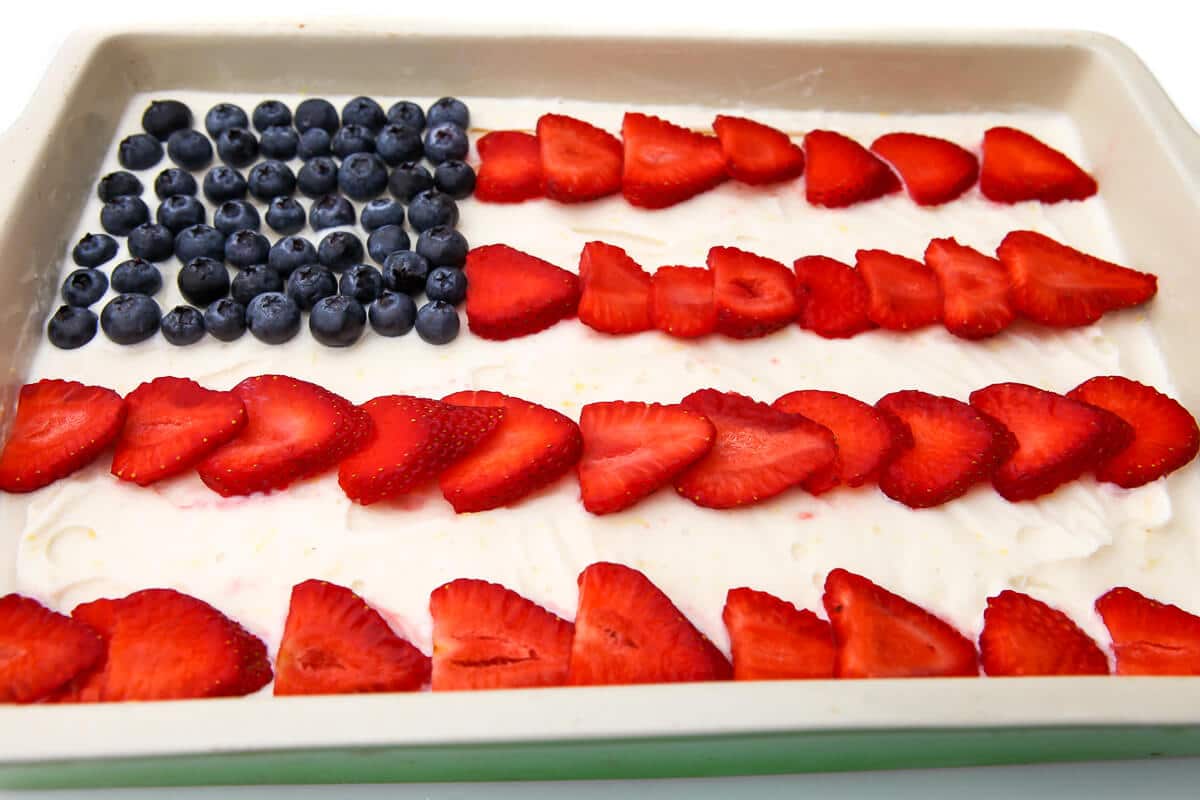 A vegan flag cake made out of ice cream and berries.
