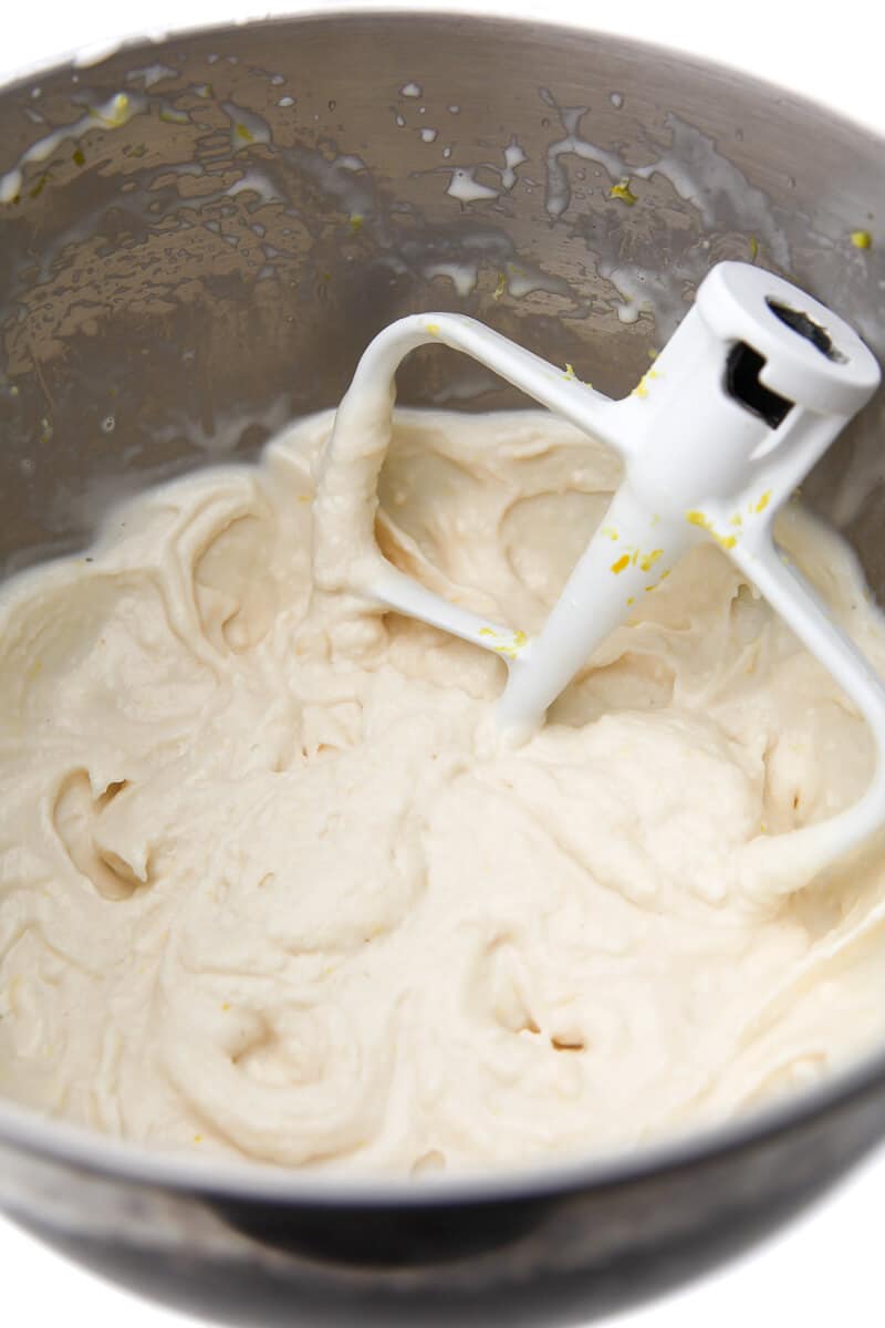 Vegan vanilla ice cream mixed with the juice and zest of two lemons and whipped with a mixer.