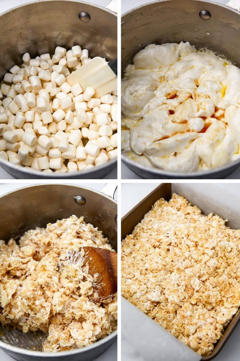 A collage of 4 images showing the process steps of melting vegan marshmallows and adding puffed rice cereal to make vegan rice krispie treats.