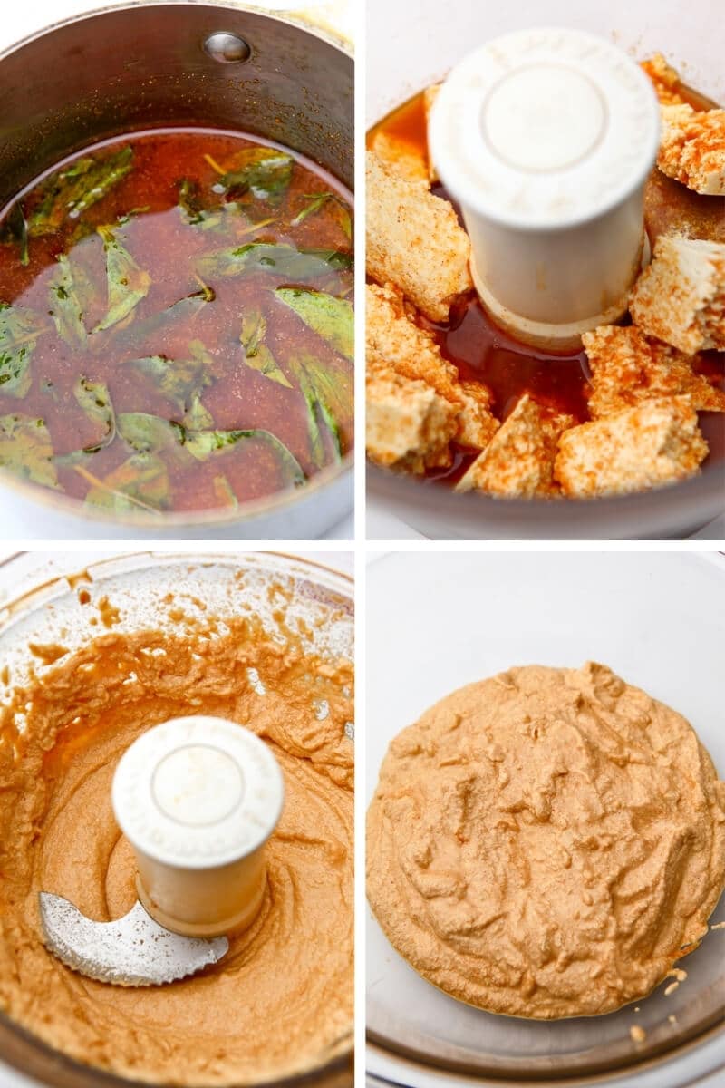 A collage of 4 images showing the process steps of making a flavored broth and blending it with tofu to make faux bologna.