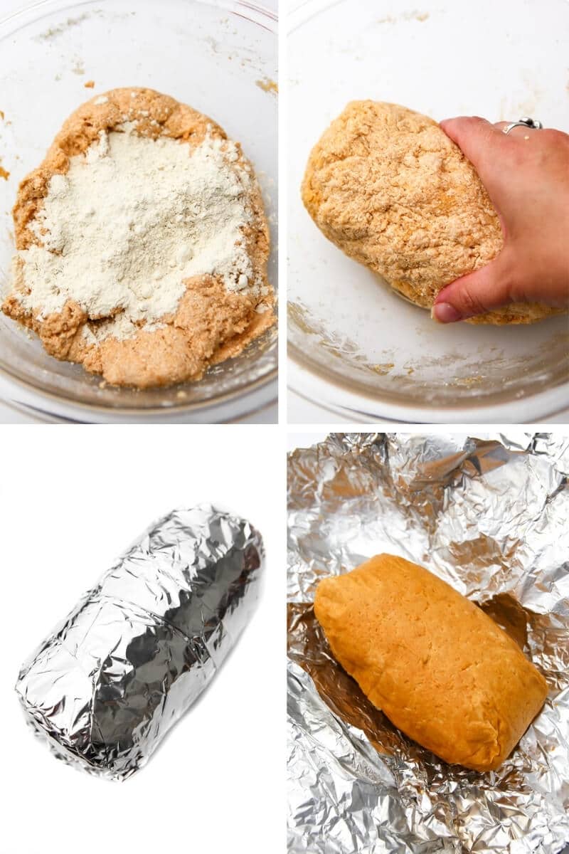 A collage of 4 images showing mixing in vital wheat gluten with flavored tofu to make faux bologna.
