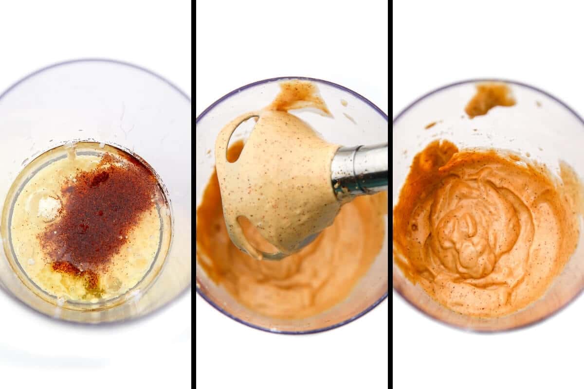 A series of 3 images showing the process of making homemade vegan chipotle mayo.