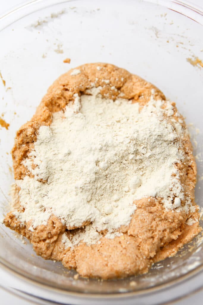 Vital wheat gluten mixed with tofu and spices to make vegan hot dogs.