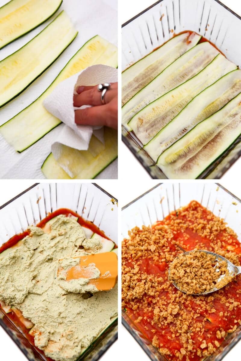 A collage of 4 images showing the process of layering zucchini slices with tofu ricotta, sauce, and vegan sausage.