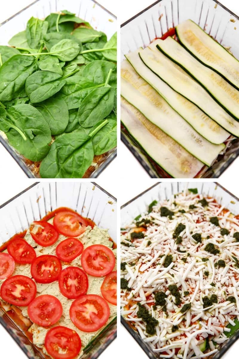 A collage of 3 images showing layering spinach, zucchini slices, tomato slices, and vegan cheese to make lasanga.