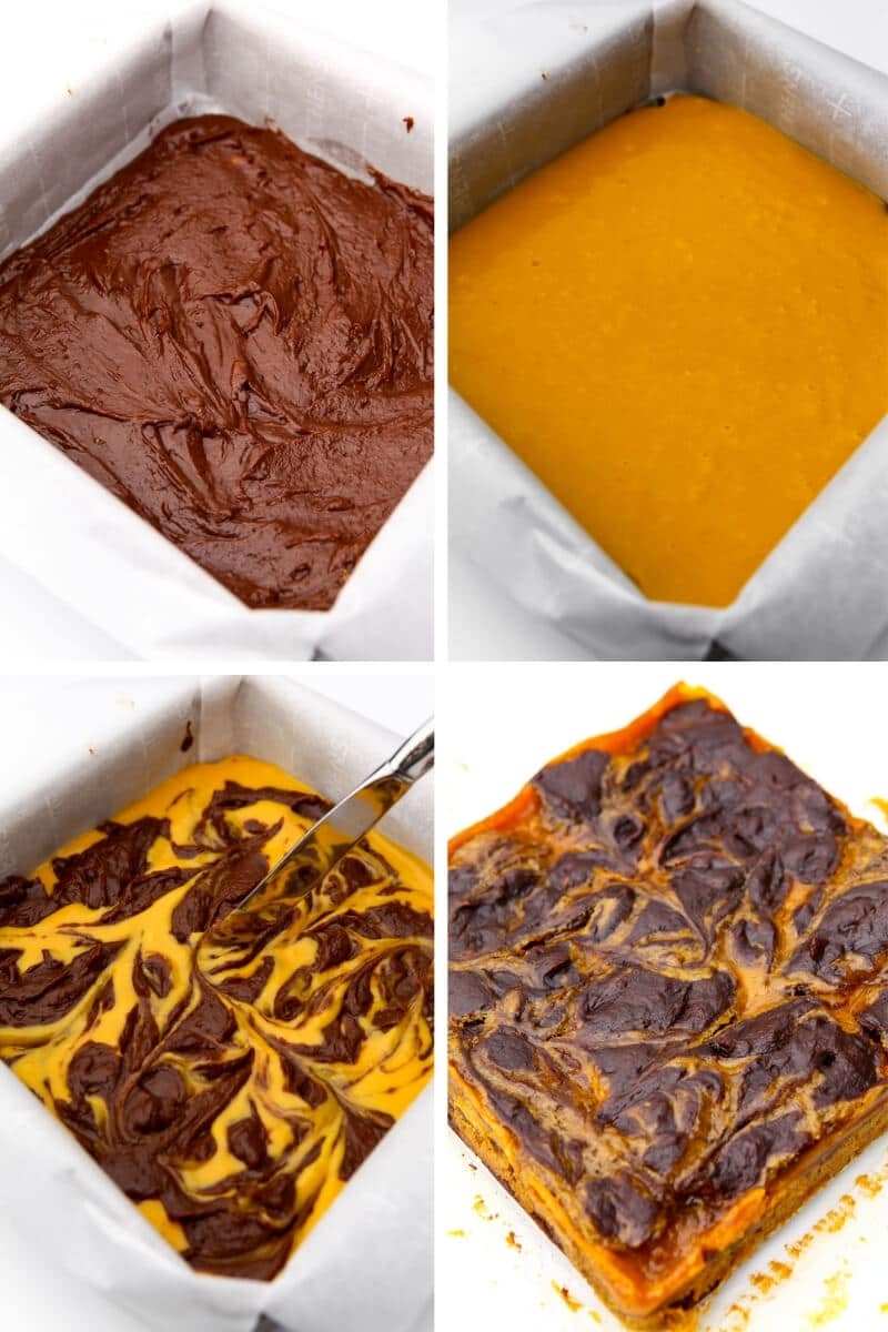 A collage of 4 images showing how to layer the brownie batter and pumpkin batter and swirl them together to make pumpkin brownies.