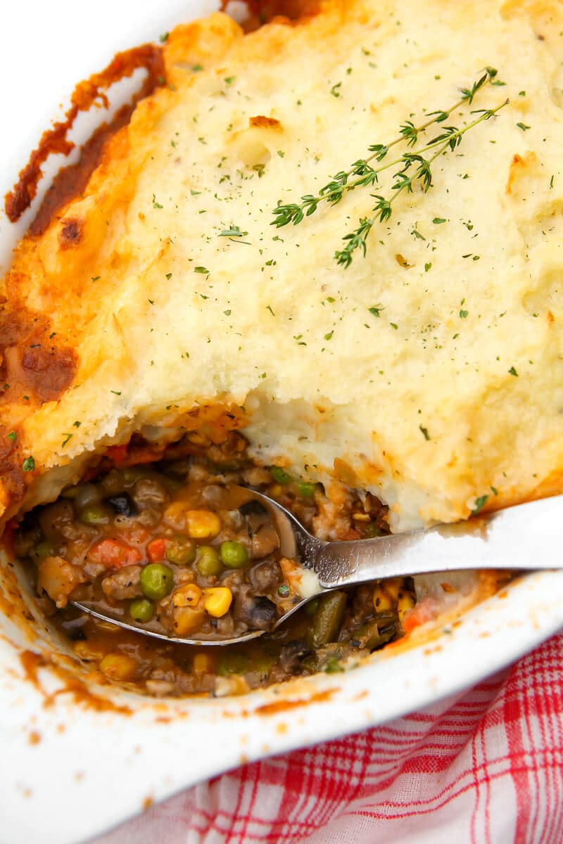 A top view of a vegan shepherd's pie. 