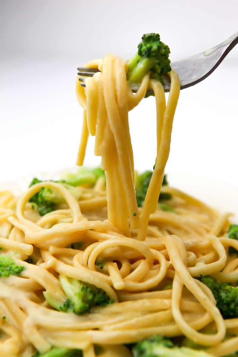 Pasta with broccoli alfredo on a fork over a plate full of pasta.