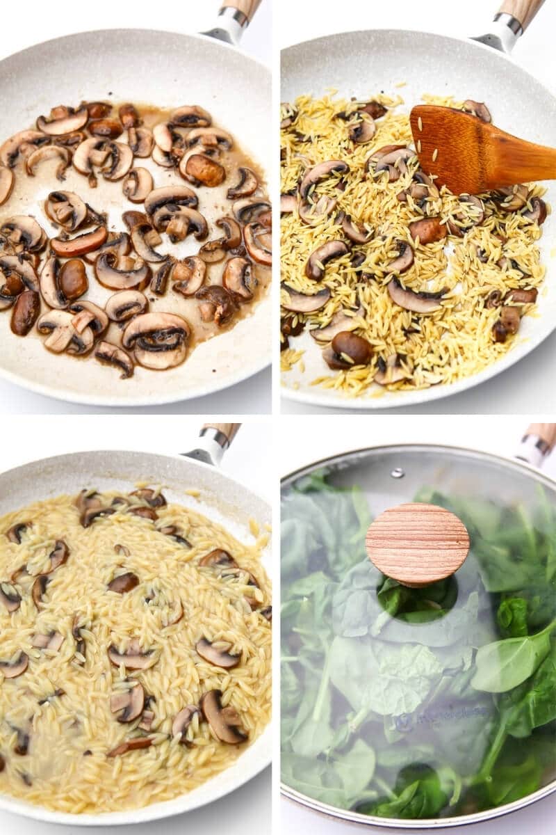 A collage of 4 images showing the process of sautéing mushrooms, adding orzo and broth, and then adding spinach to make orzo pasta.