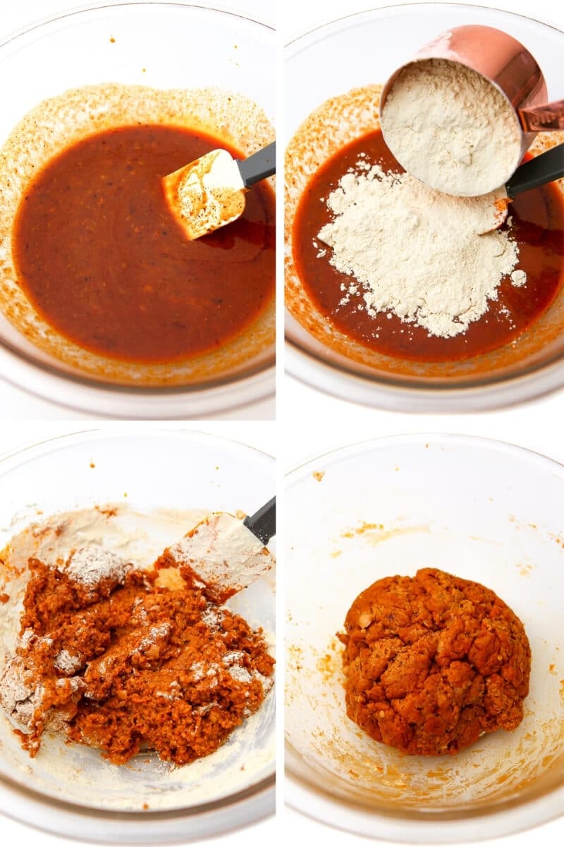 A collage of 4 images that show the process of making a seasoned broth and adding wheat gluten to make seitan salami.