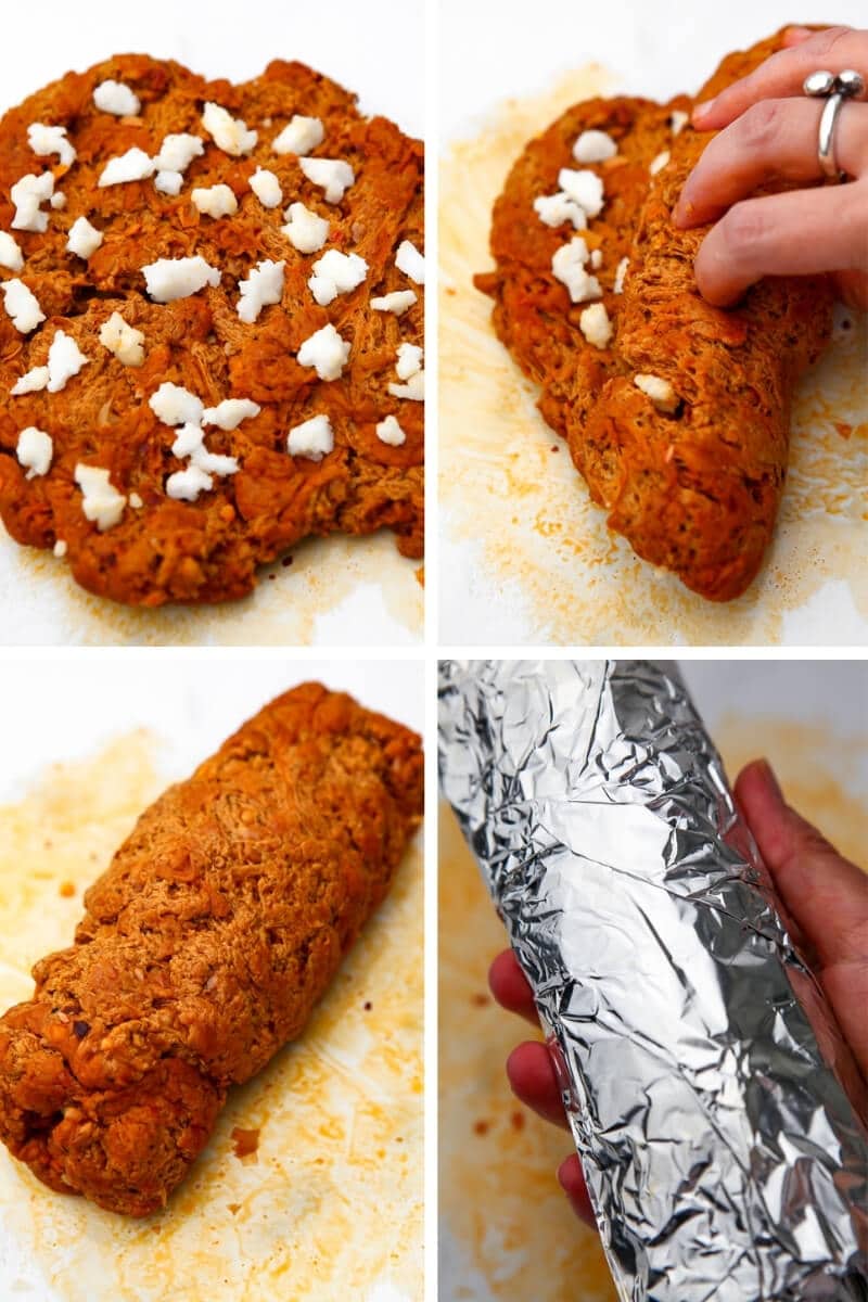A collage of 4 images showing adding coconut oil to the seitan and then wrapping it up to make a faux salami from wheat gluten.