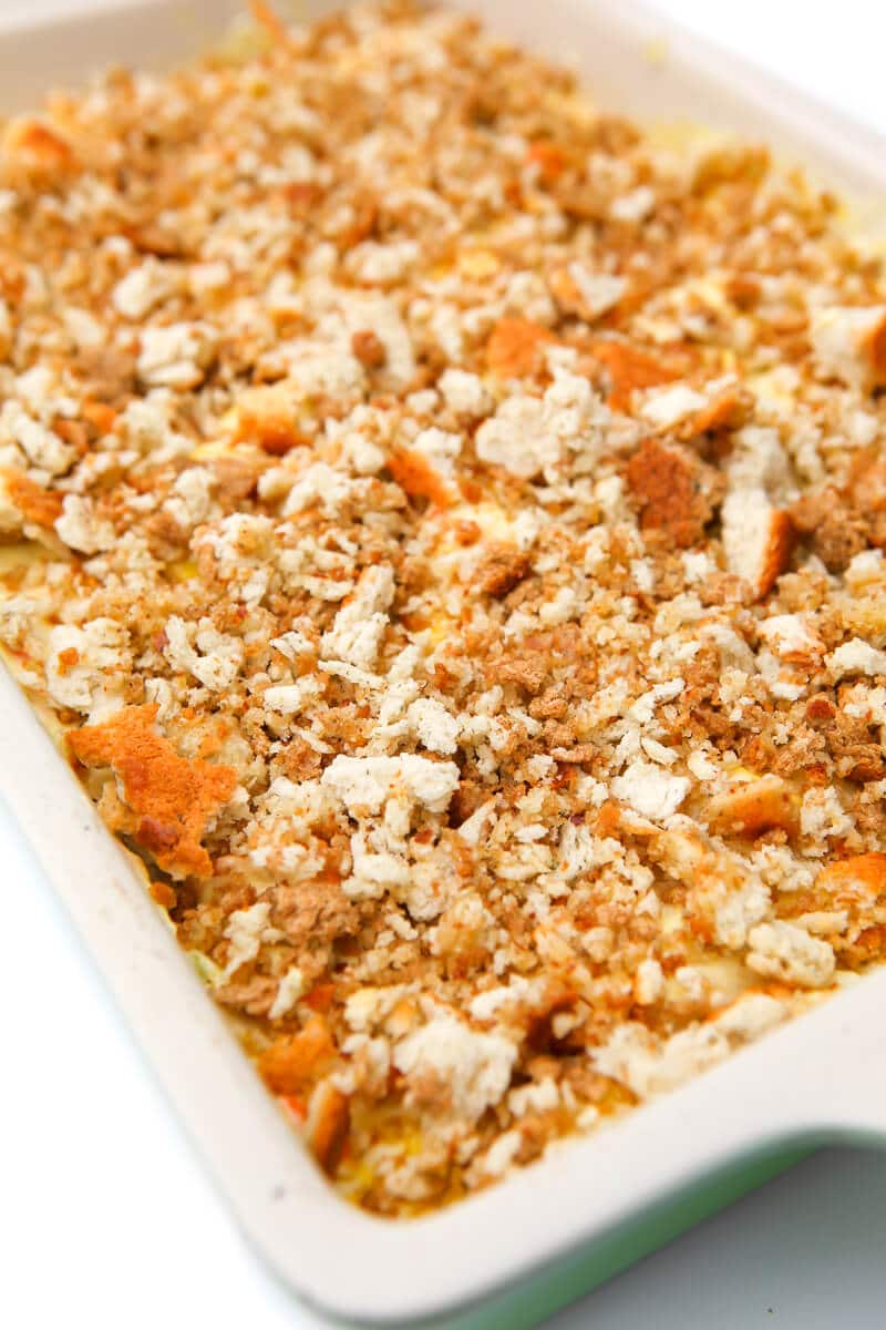 Summer squash casserole topped with vegan stuffing.