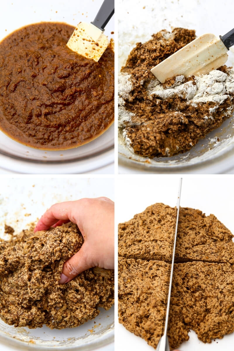 A collage of 4 images showing the mushroom mixture in a bowl and wheat gluten being added until it forms a firm dough, then cutting it into 4 pieces.