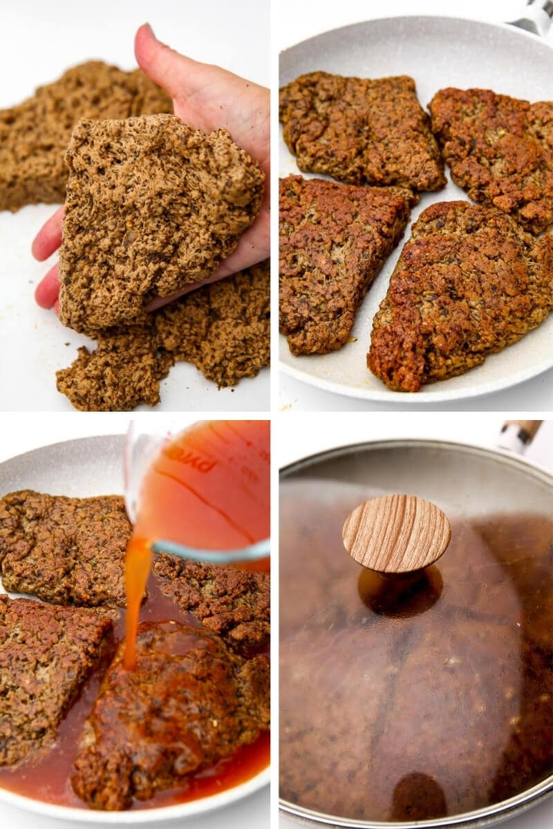 A collage of 4 images showing a piece of raw steak seitan being fried and then broth added and a lid put on the frying pan for simmering.