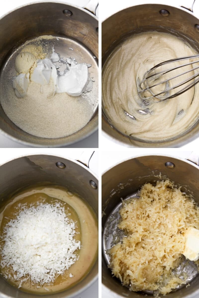 A collage of 4 images showing the process steps for making the vegan macaroon cookie dough from coconut milk, sugar, chickpea flour, and coconut shreds. 