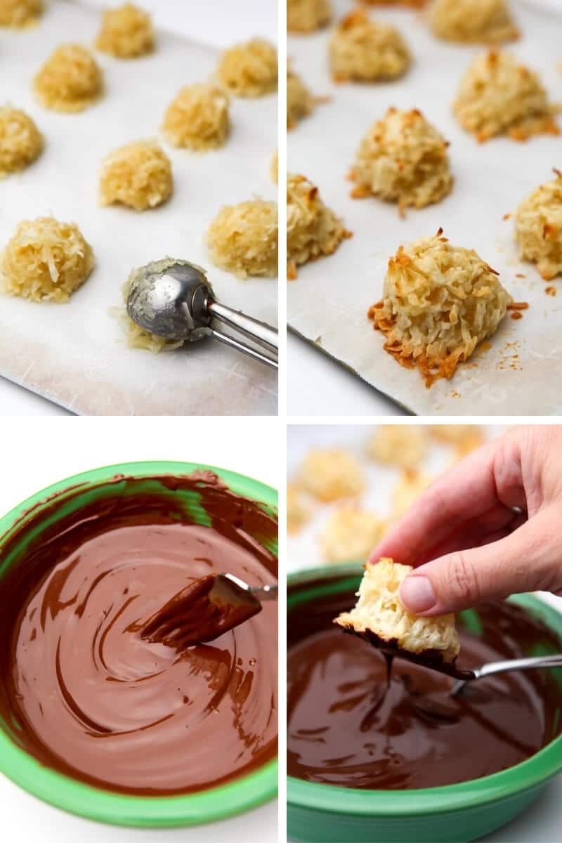 A collage of 4 pictures showing the steps of forming the macaroons, baking them until toasted, melting the chocolate, and dipping the bottoms of the cookies into the chocolate.